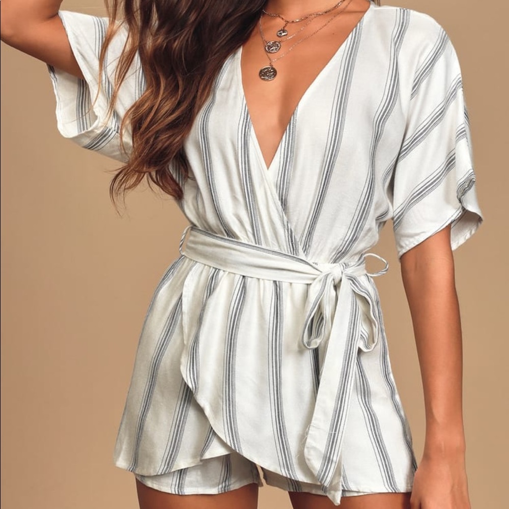 Lulus Grey & white Striped Romper